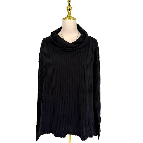 Free People Waffle Knit Long Sleeve Top MEDIUM Open Back Oversized Juicy Black - Picture 2 of 13
